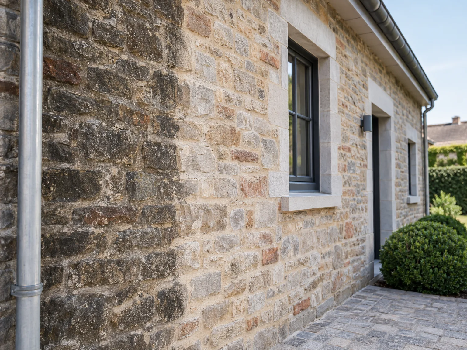 Façade en pierre naturelle rénovée avec menuiseries et gouttières