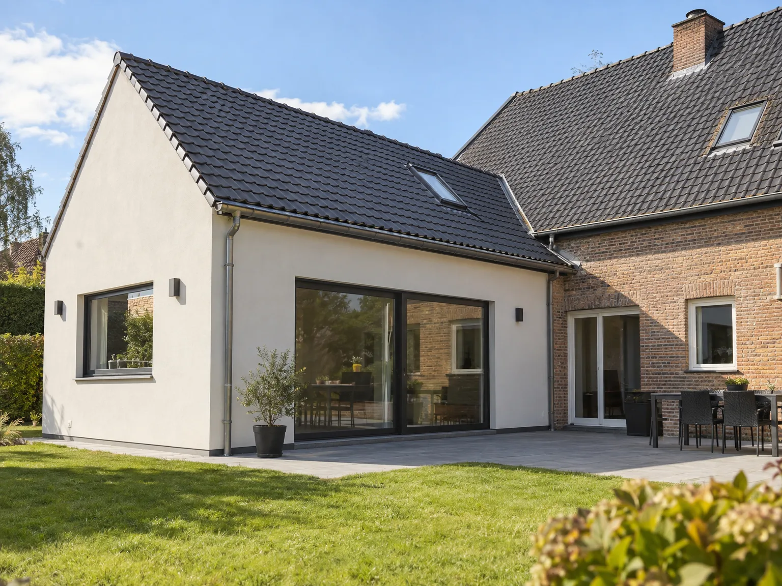 Extension de maison avec couverture ardoise noire, gouttières neuves et baies vitrées