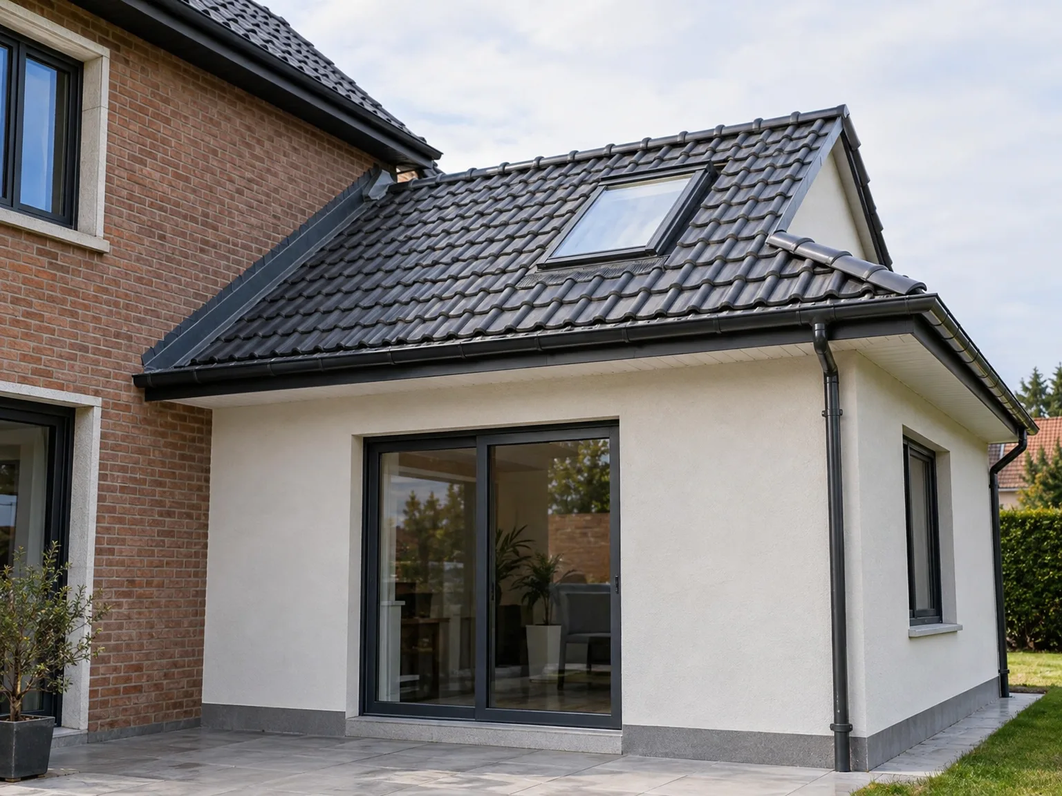 Extension moderne avec toit en tuiles grises, fenêtre de toit et gouttières, raccordée à maison en briques