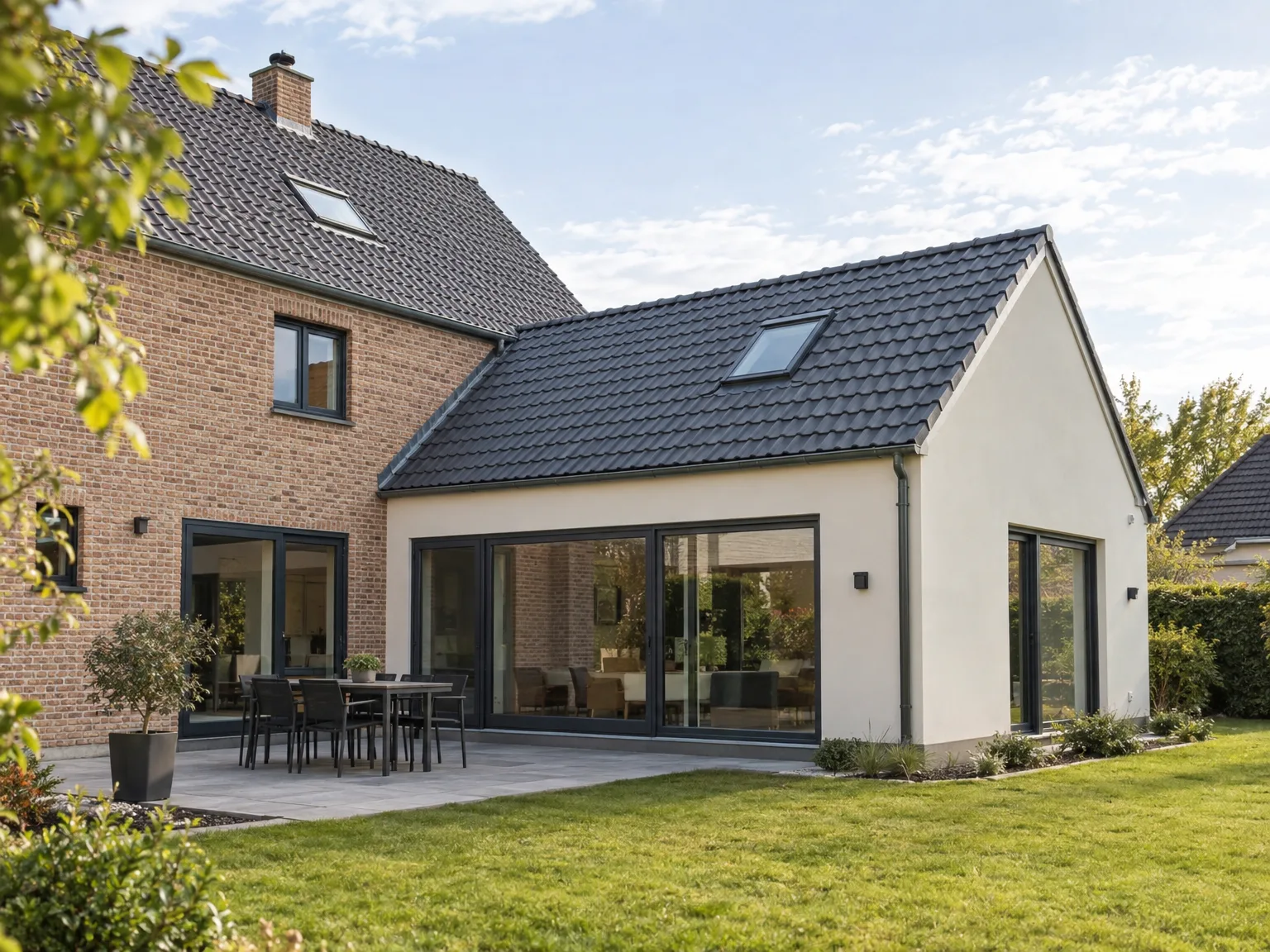 Maison rénovée avec toiture en ardoise grise, fenêtre de toit, façade blanche et brique, terrasse