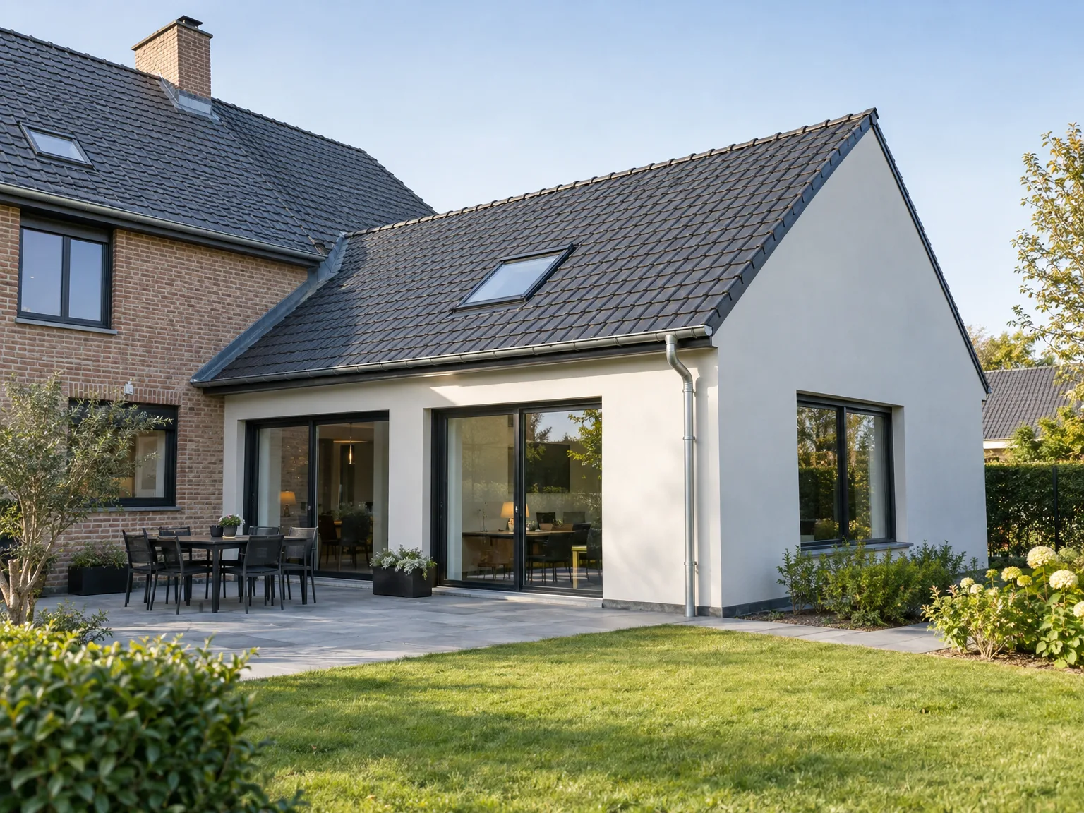 Extension de maison avec toiture grise, terrasse pavée, façade blanche et grandes baies vitrées