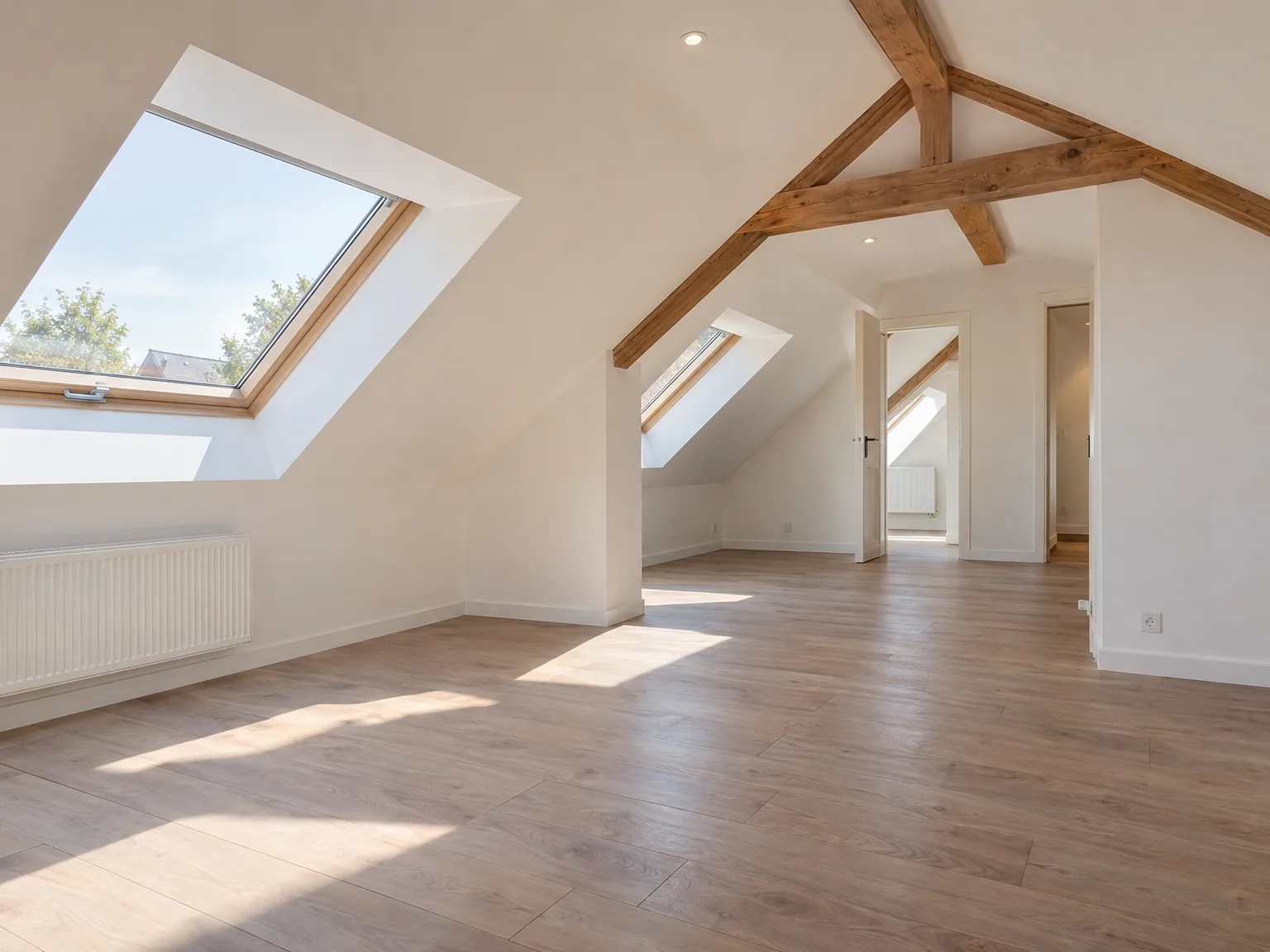 Combles aménagés : poutres apparentes, fenêtres de toit, parquet et peinture blanche