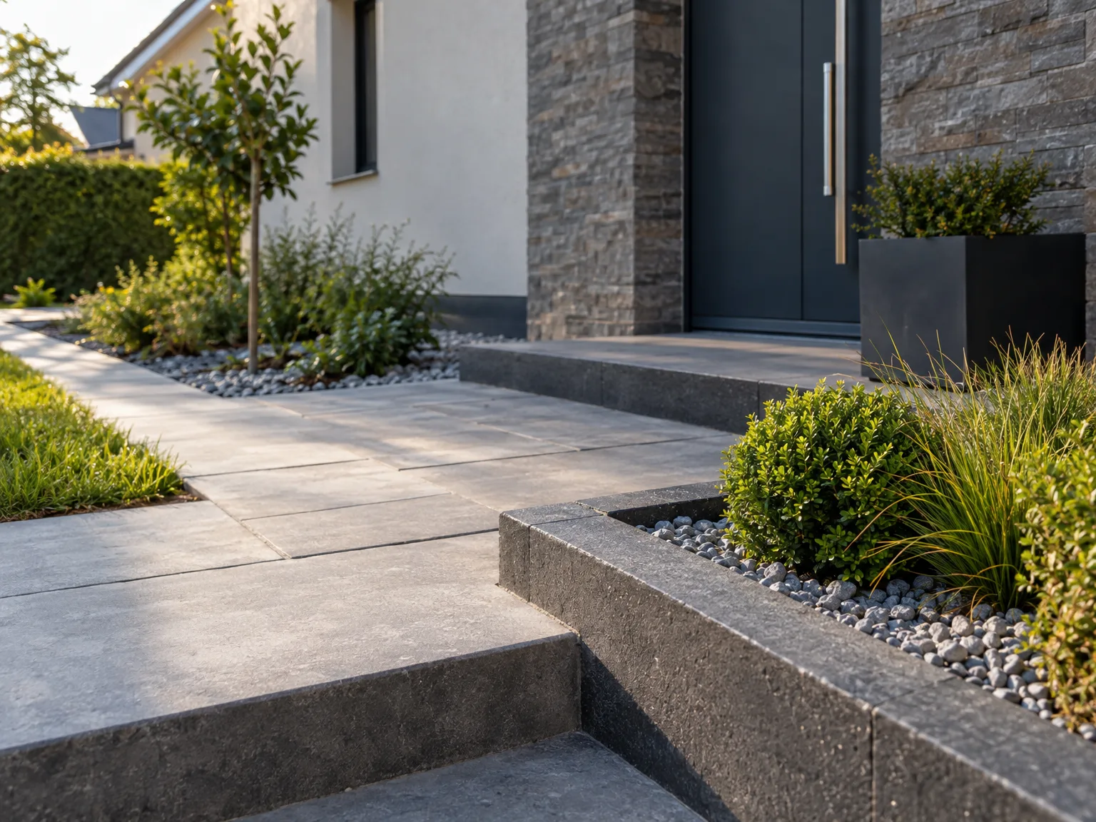 Terrasse et allée en béton avec escaliers, bordures paysagées et plantations ornementales