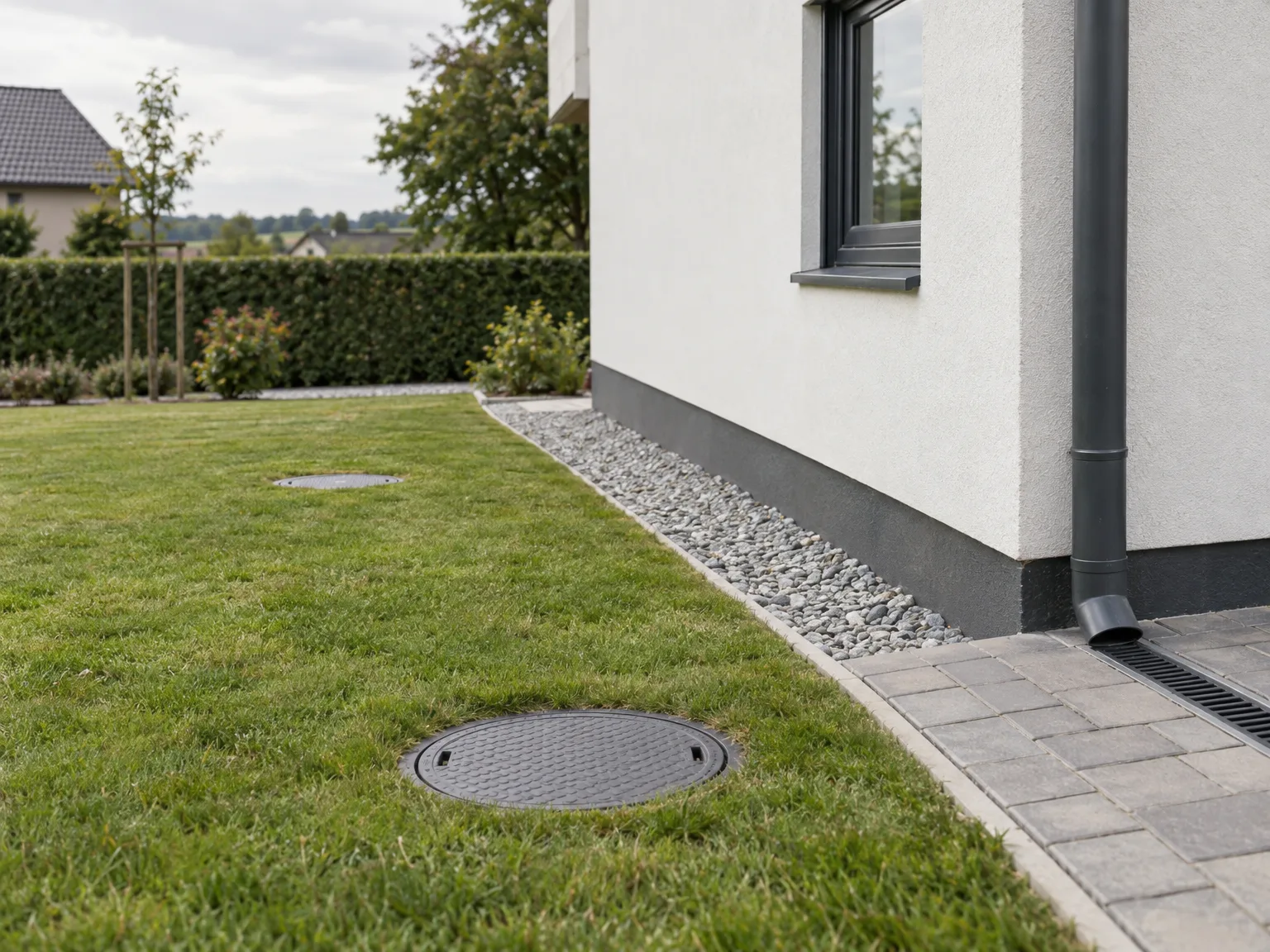 Aménagement extérieur avec assainissement, terrasse pavée et drainage