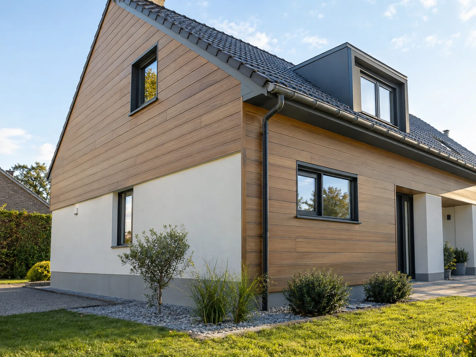 Rénovation complète : couverture ardoisée, bardage bois-blanc et gouttière métallique