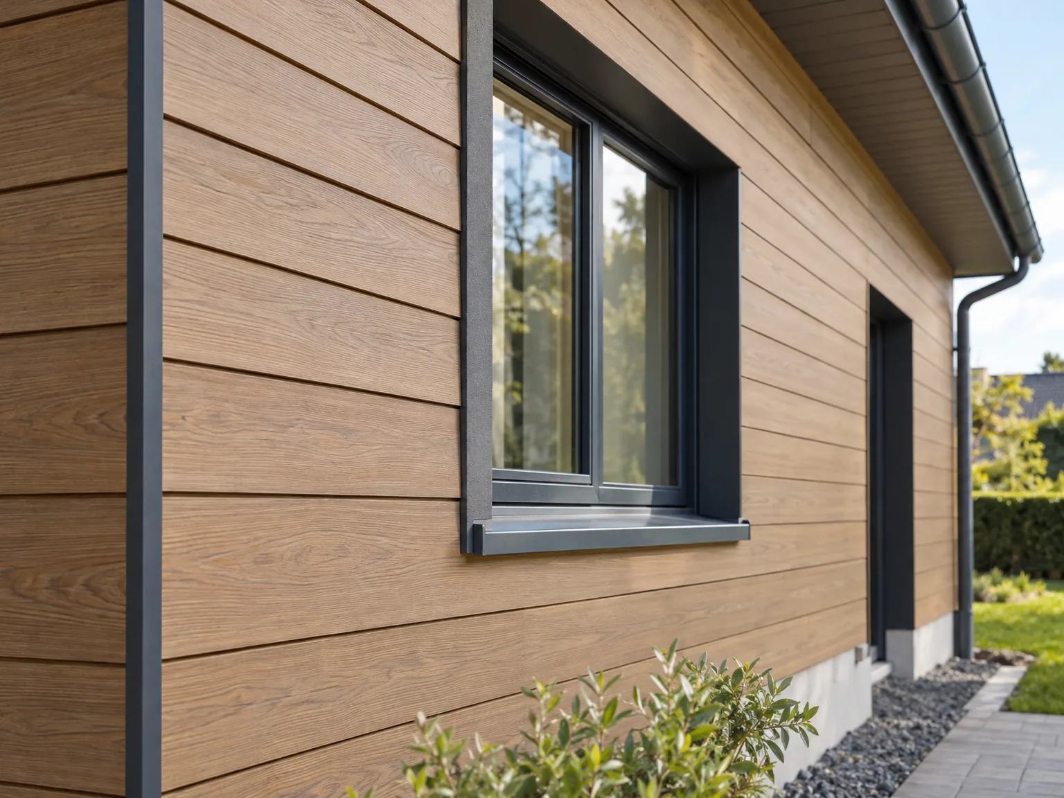 Bardage de façade en panneaux bois clair avec profils gris et fenêtre à cadre noir