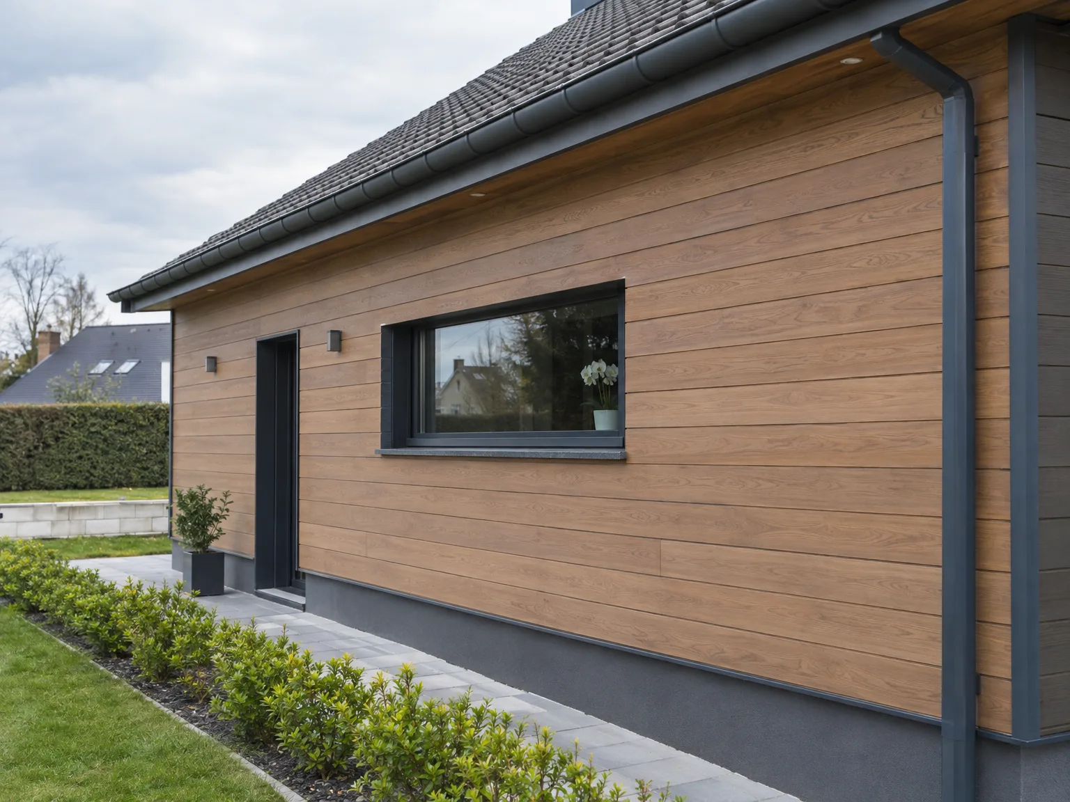 Façade en bardage bois d'une maison rénovée avec toiture ardoise noire et isolation extérieure