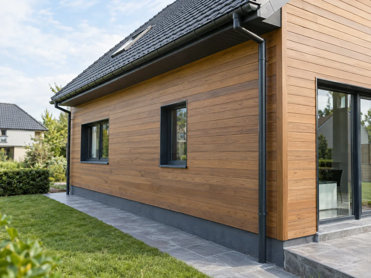 Maison moderne avec bardage bois clair, toiture ardoise noire, fenêtres et porte contemporaines