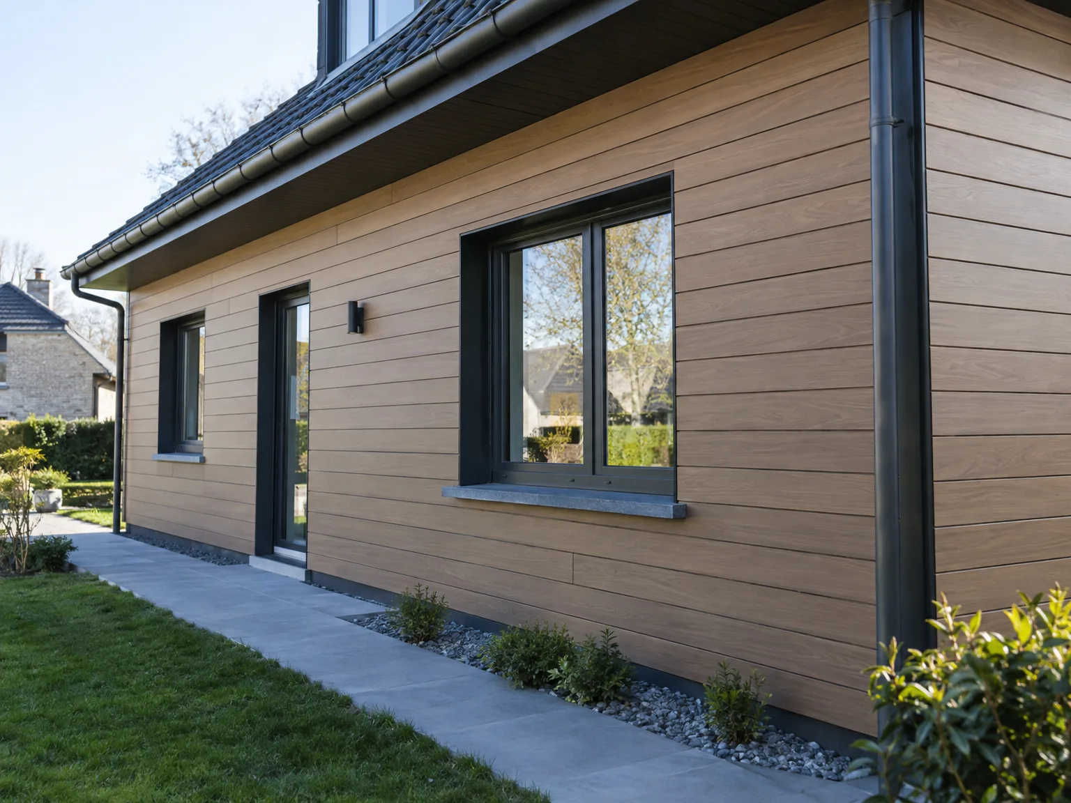 Façade moderne en bardage bois avec grandes fenêtres et toit rénové
