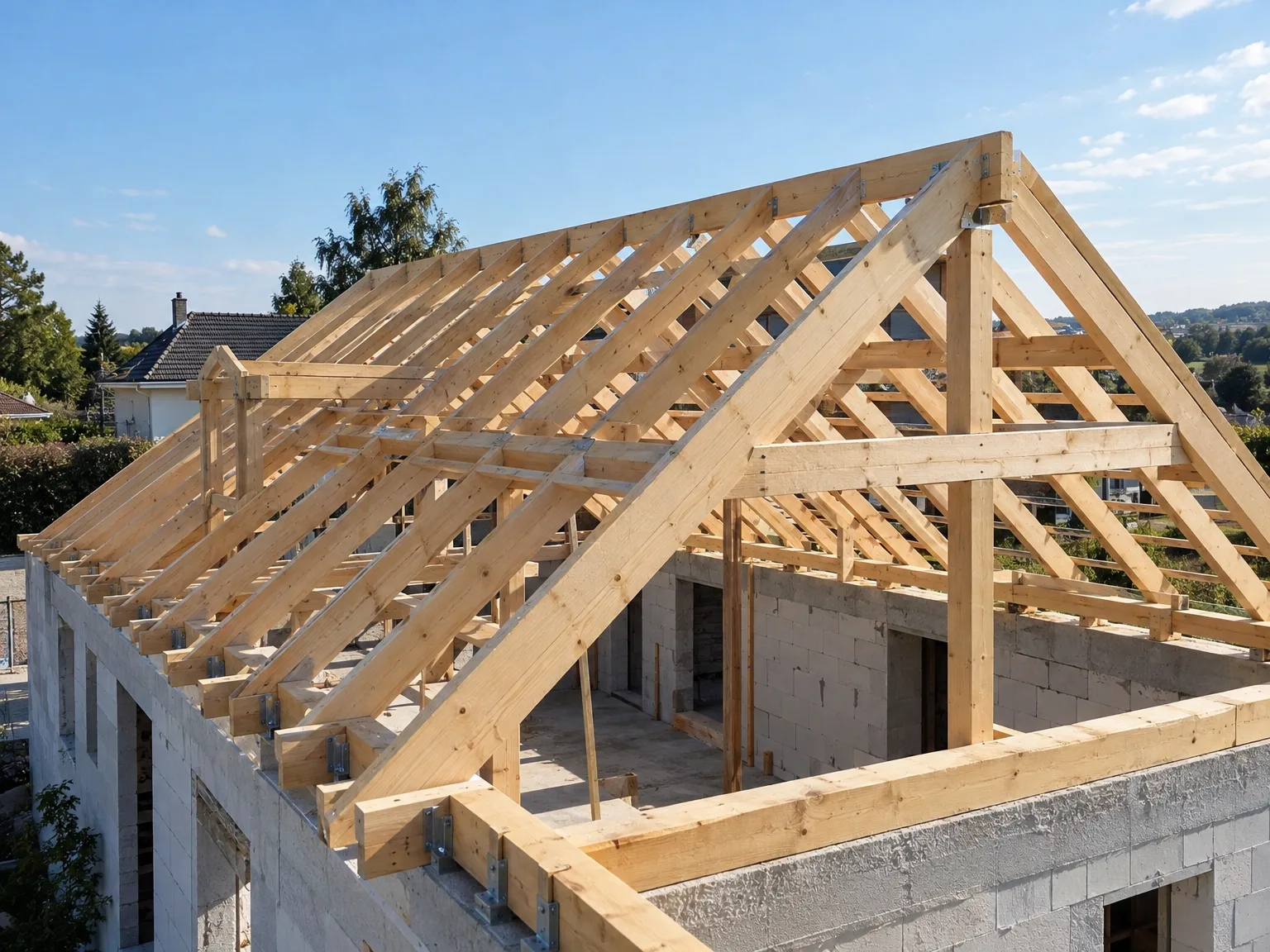 Charpente en bois et gros œuvre : structure de toiture traditionnelle en construction