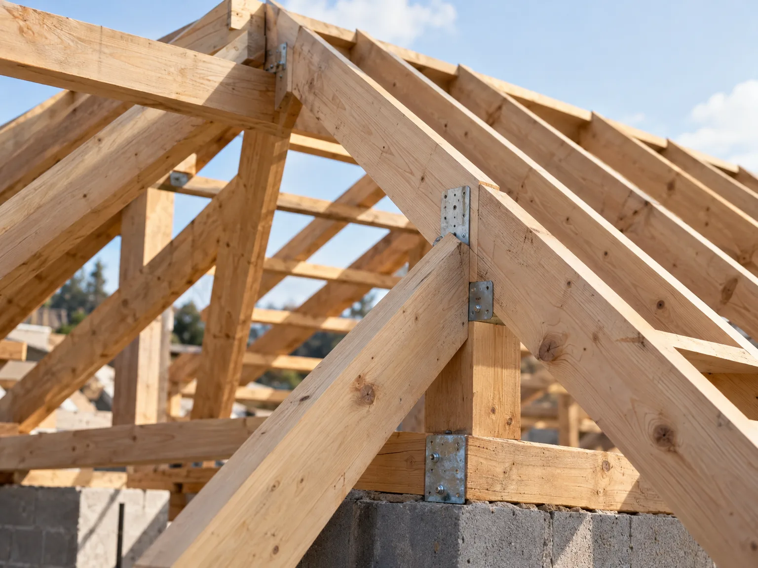 Détail de charpente en bois avec connecteurs métalliques et fondation béton