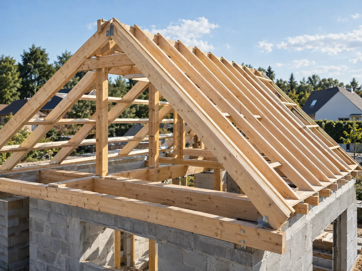 Charpente bois en construction avec chevrons régulièrement espacés pour nouvelle toiture