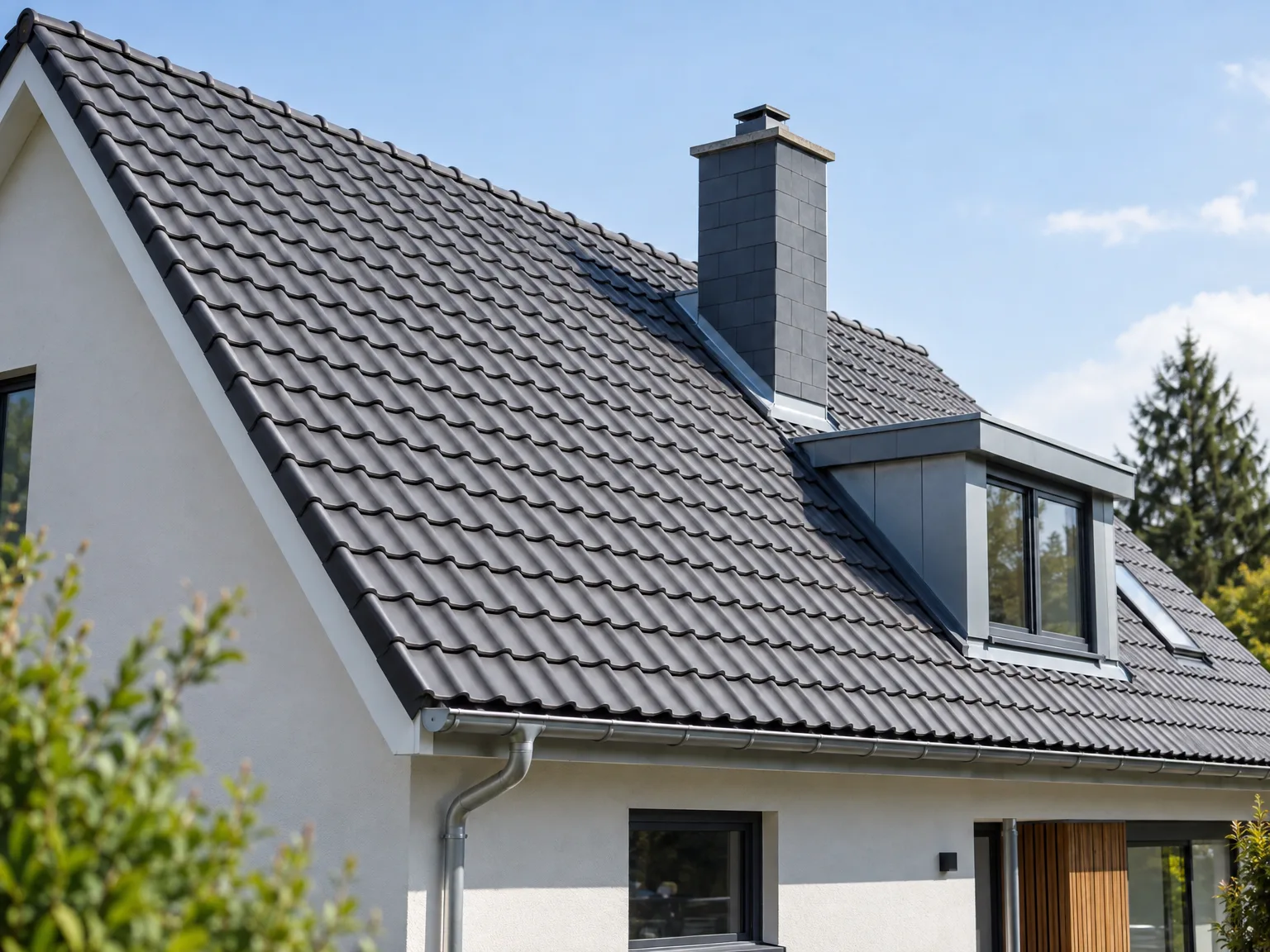 Couverture de toiture en tuiles noires avec fenêtres de toit et cheminée