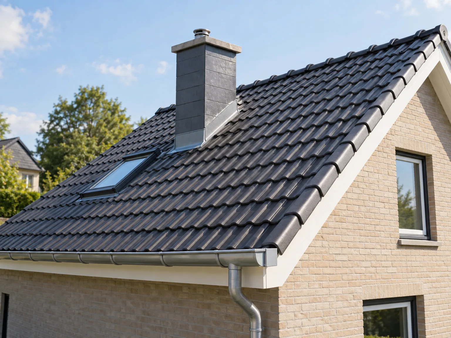 Toiture rénovée avec tuiles noires, cheminée, gouttières et fenêtre de toit