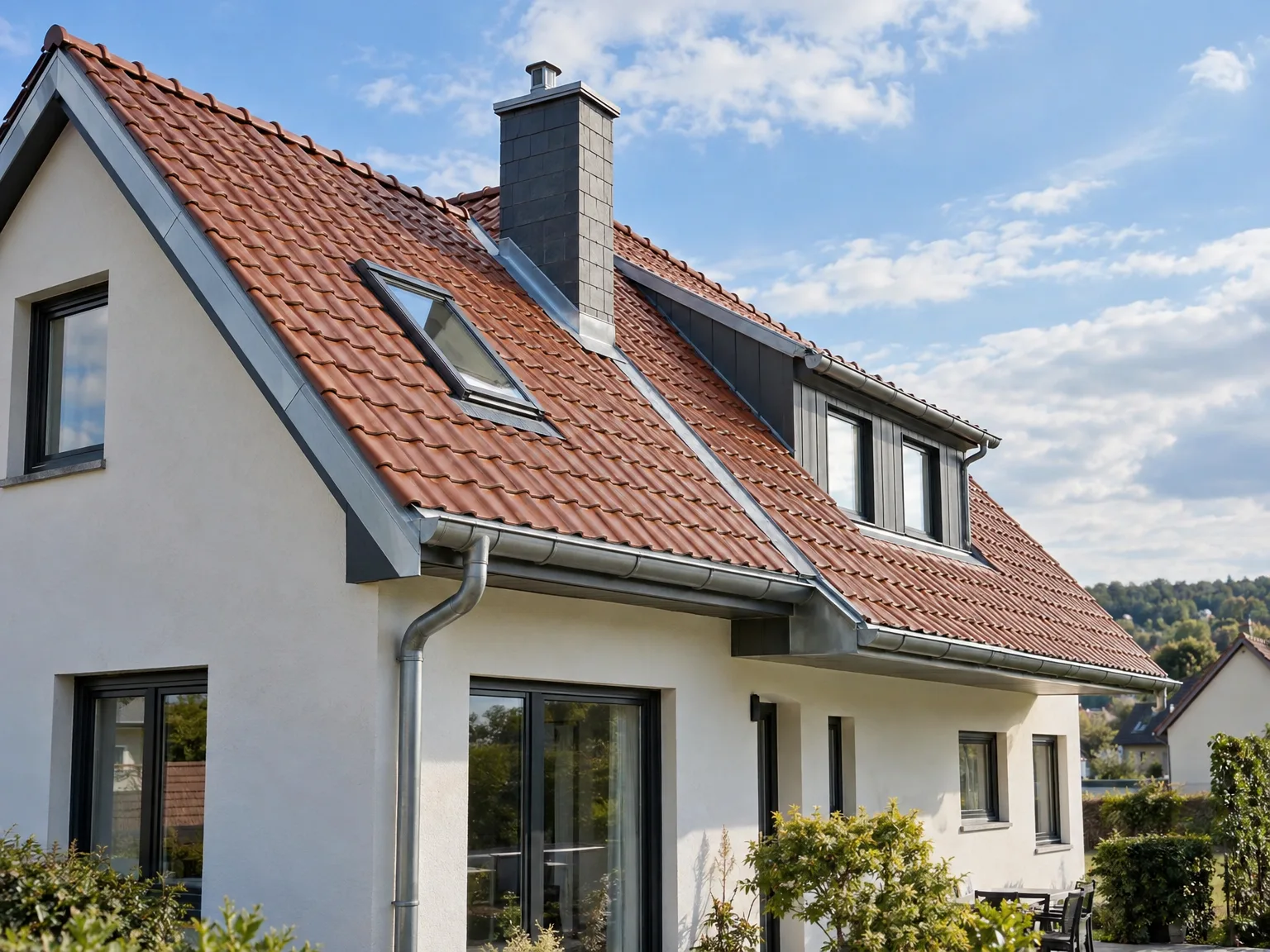 Maison rénovée avec toiture en tuiles rouges, fenêtres de toit et gouttières métalliques