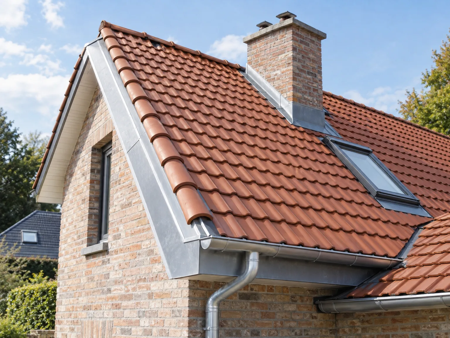Rénovation de toiture avec tuiles rouges, zinguerie, fenêtre de toit et cheminée