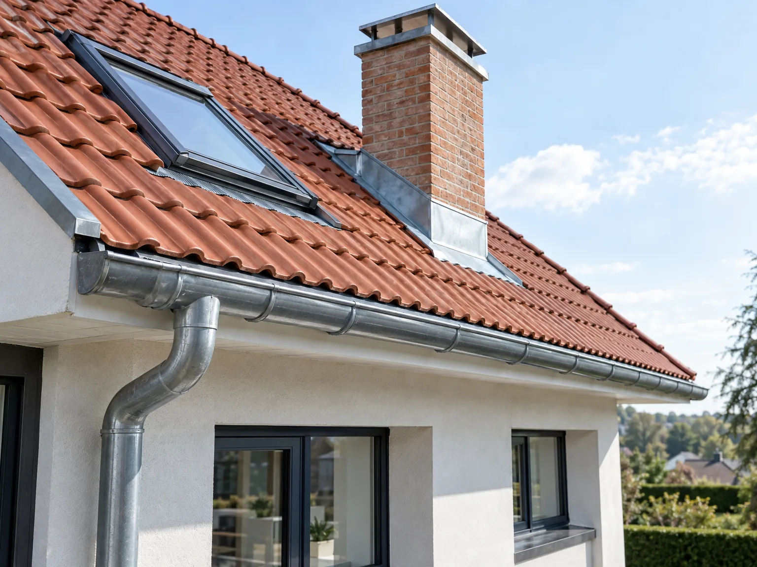 Rénovation de toiture avec tuiles rouges, fenêtre de toit, cheminée et gouttières métalliques