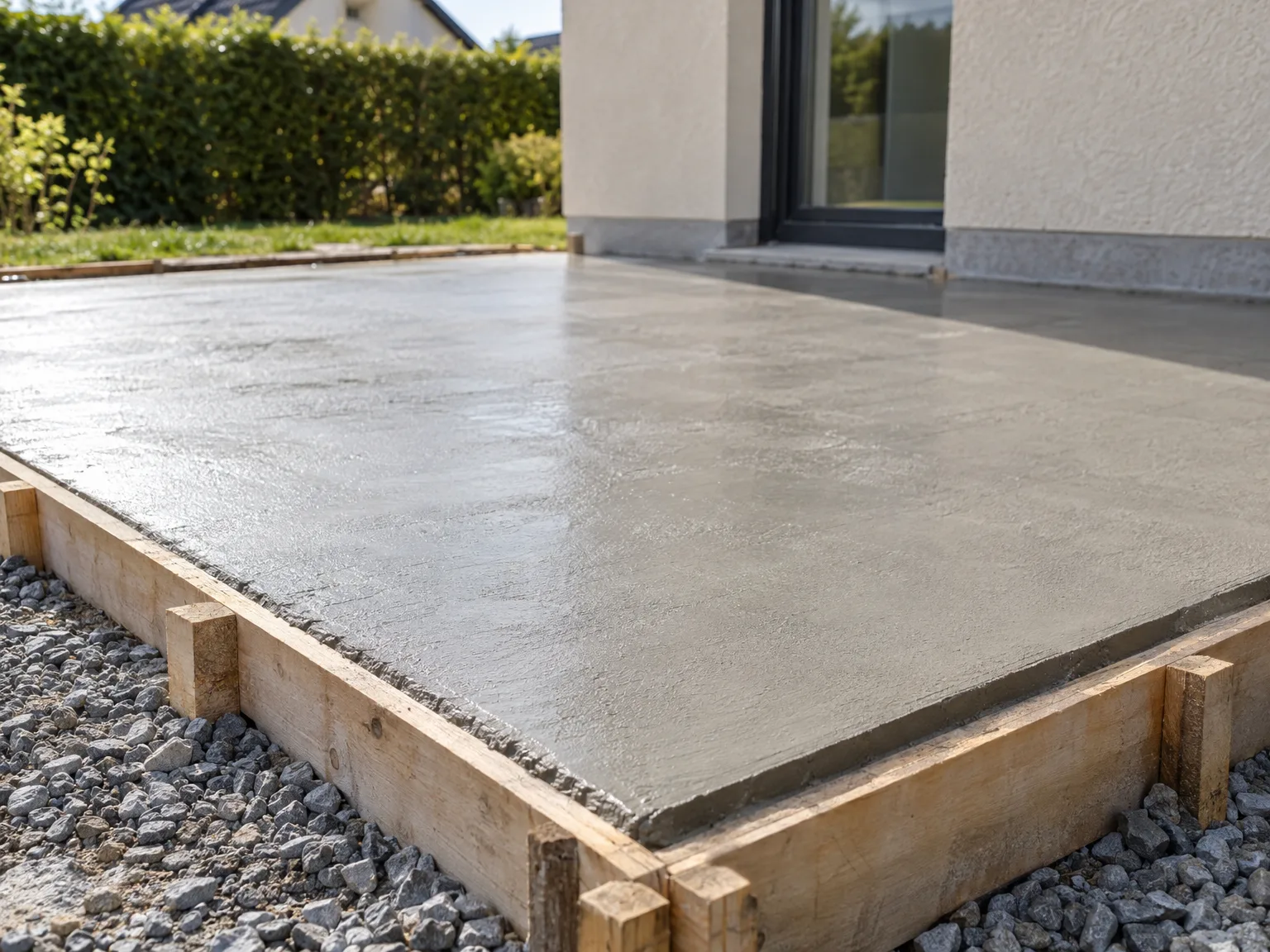 Dalle béton fraîchement coulée avec coffrage bois, graviers et fondation de maison moderne