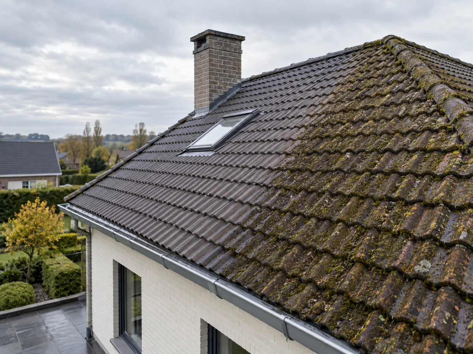 Toiture avec accumulation de mousse et lichen, goutterres et cheminée, avant et après traitement de nettoyage