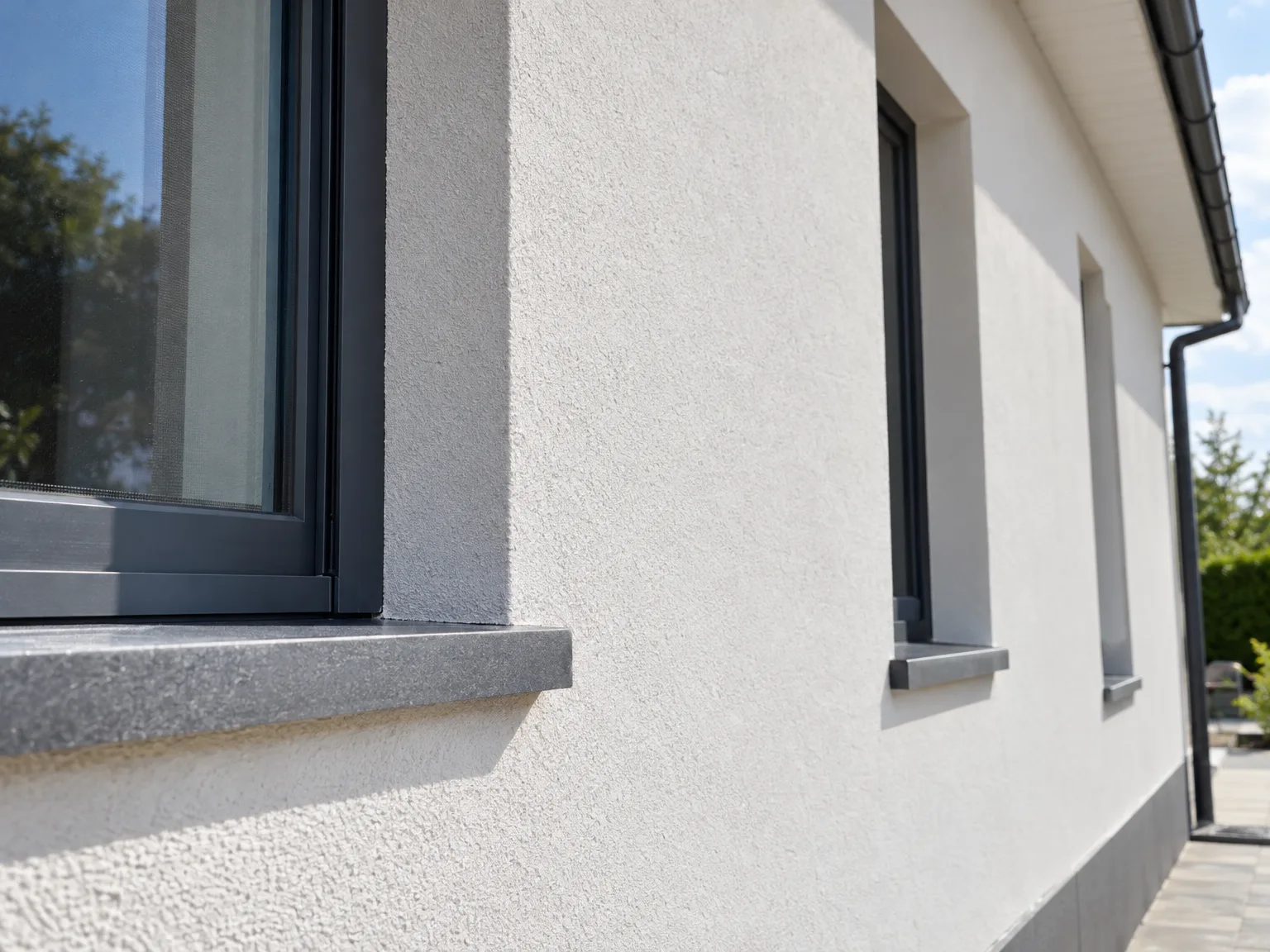 Façade moderne en enduit blanc avec fenêtre noire et appui de fenêtre gris clair