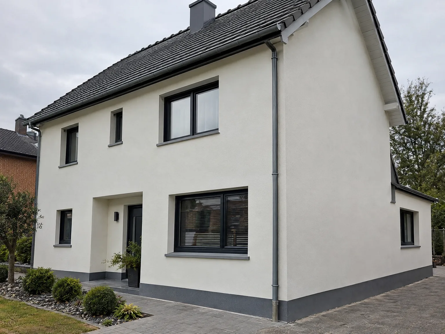Maison avec façade blanche enduite, toiture grise et gouttières métalliques