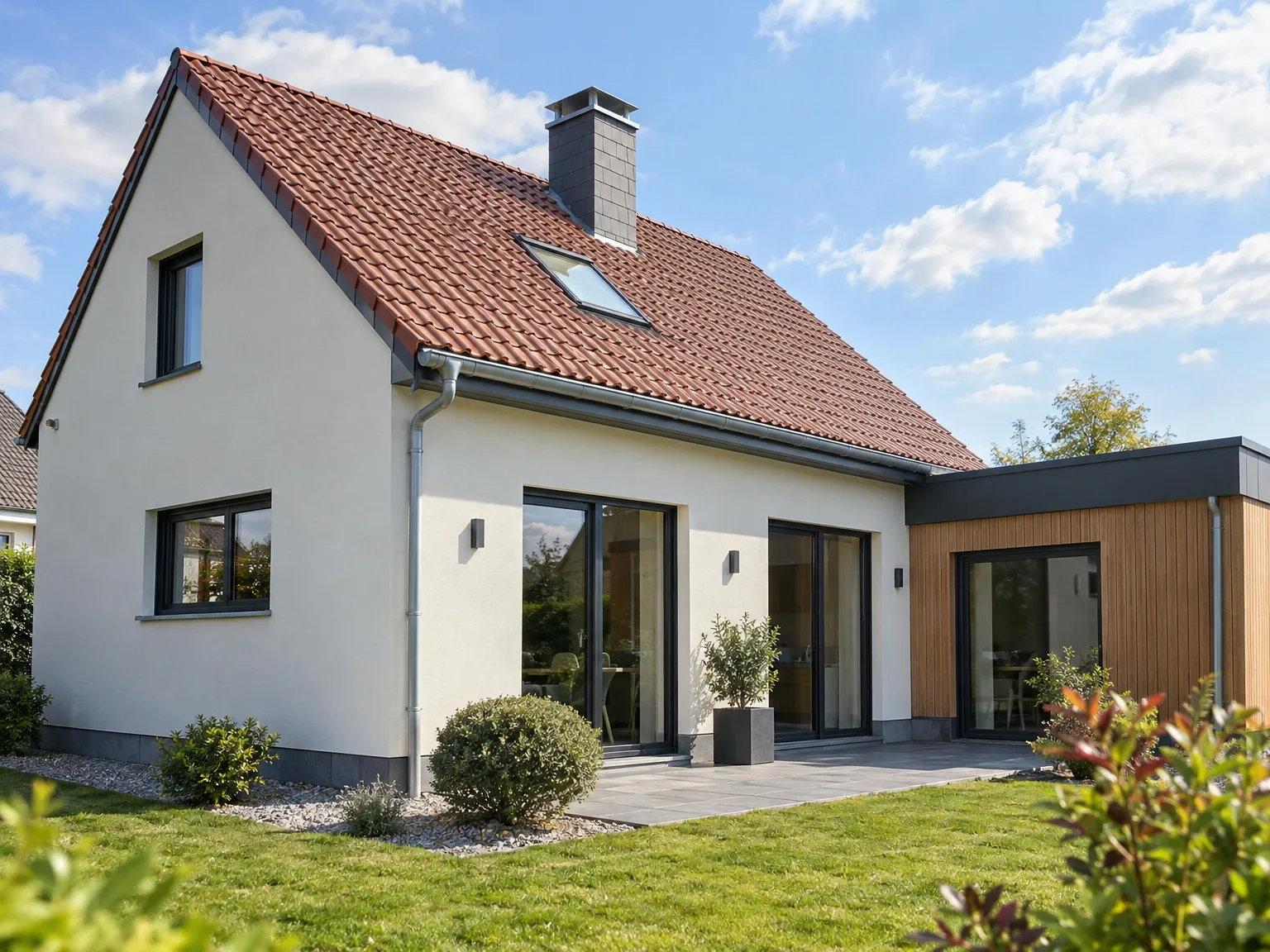 Maison rénovée : toiture en tuiles, ravalement de façade, fenêtres de toit et extension