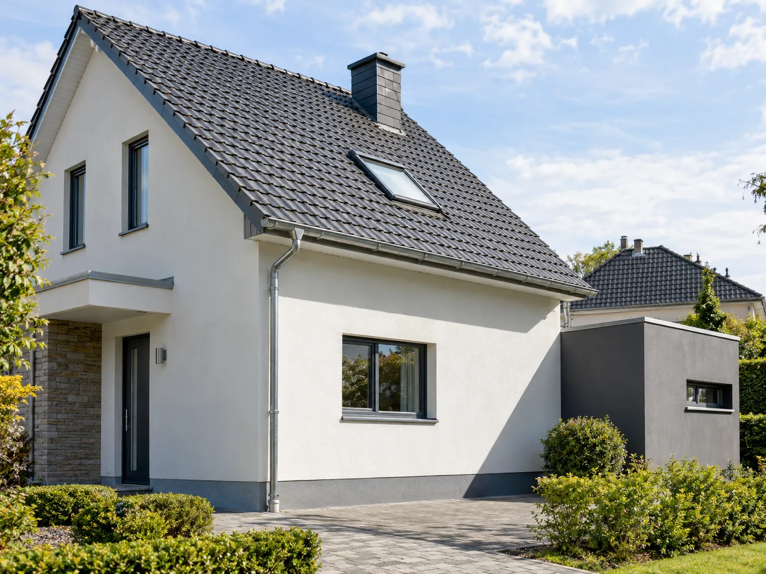 Maison rénovée avec toiture neuve en ardoise noire, fenêtre de toit et ravalement de façade