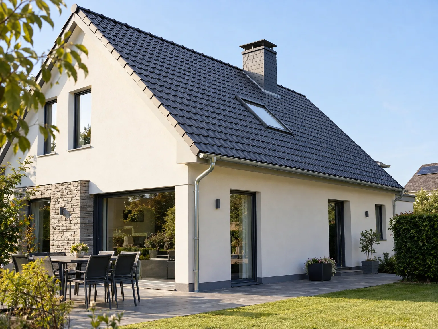 Maison rénovée : toiture tuiles noires, zinguerie, ravalement façade et aménagement