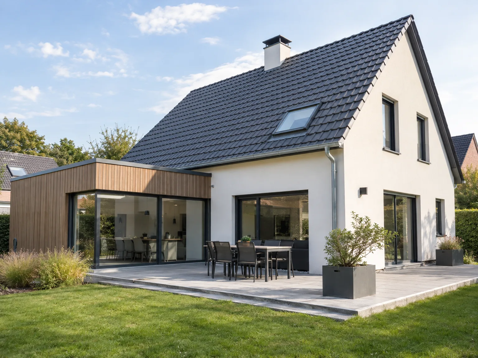 Maison rénovée avec toiture en ardoise grise, fenêtre de toit, façade blanche et extension bois moderne