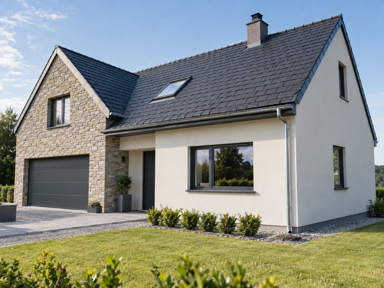 Maison avec toiture rénovée, enduit de façade et fenêtre de toit