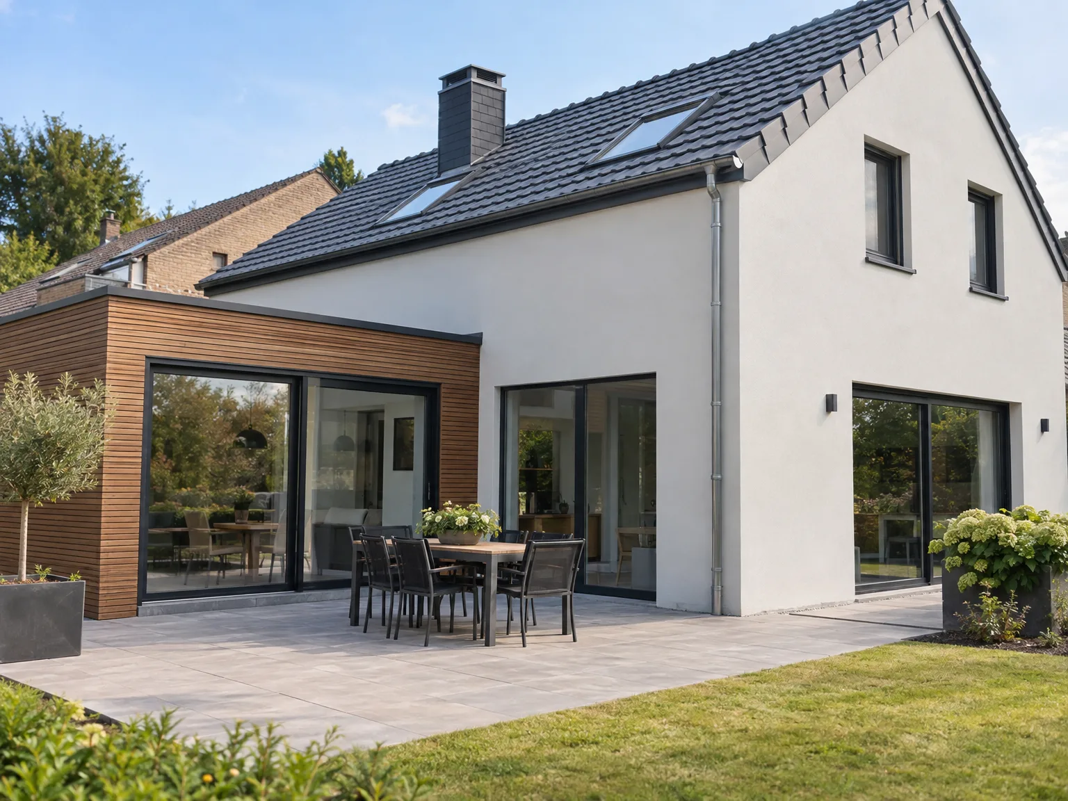Toiture neuve en ardoise grise sur maison rénovée avec extension et bardage bois