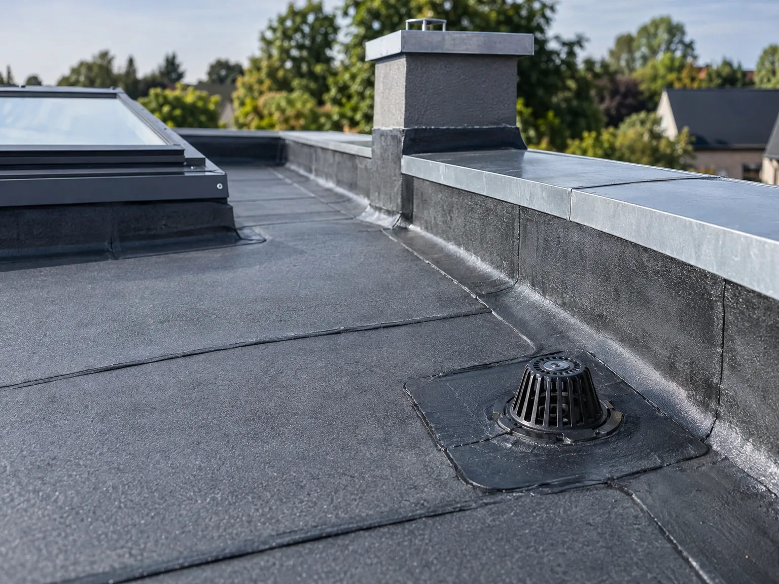 Toit plat avec membrane d'étanchéité grise et accessoires de ventilation