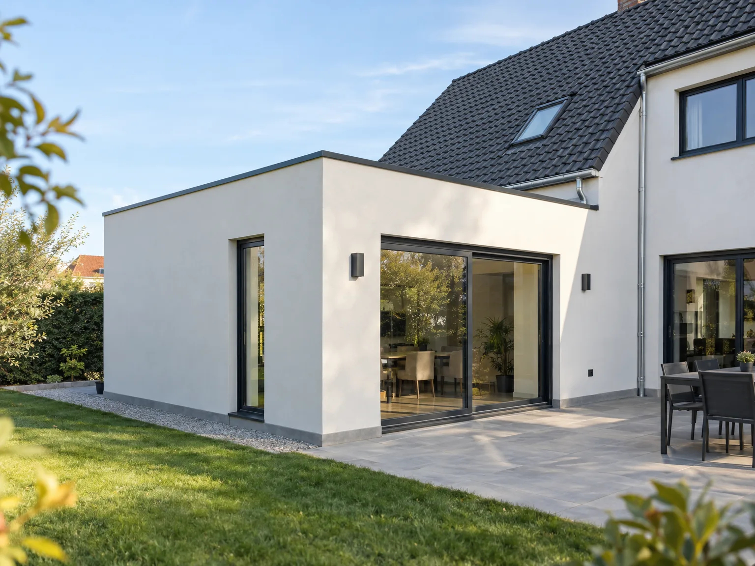 Extension moderne d'une maison avec façade blanche et grandes baies vitrées