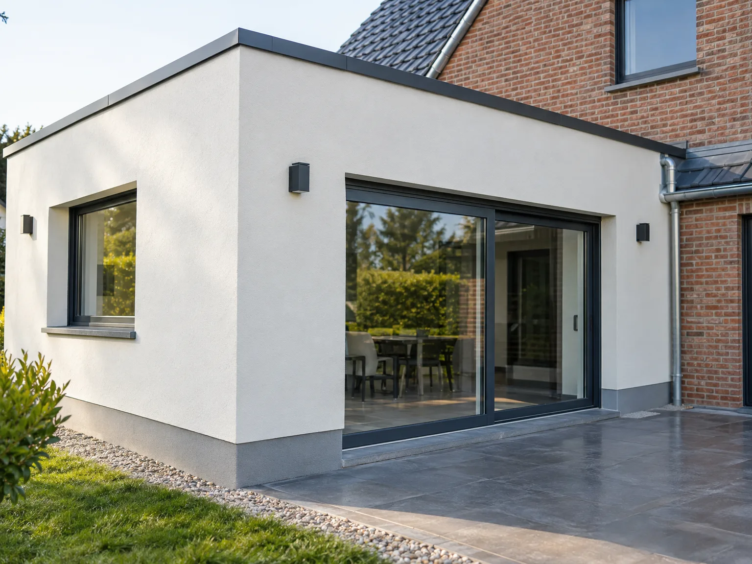 Agrandissement de maison : extension moderne avec façade blanche, larges menuiseries et dalle en pierre
