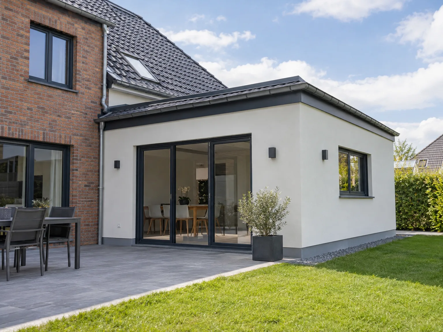 Extension de maison avec façade blanche, baies vitrées, toit en ardoise et terrasse pavée