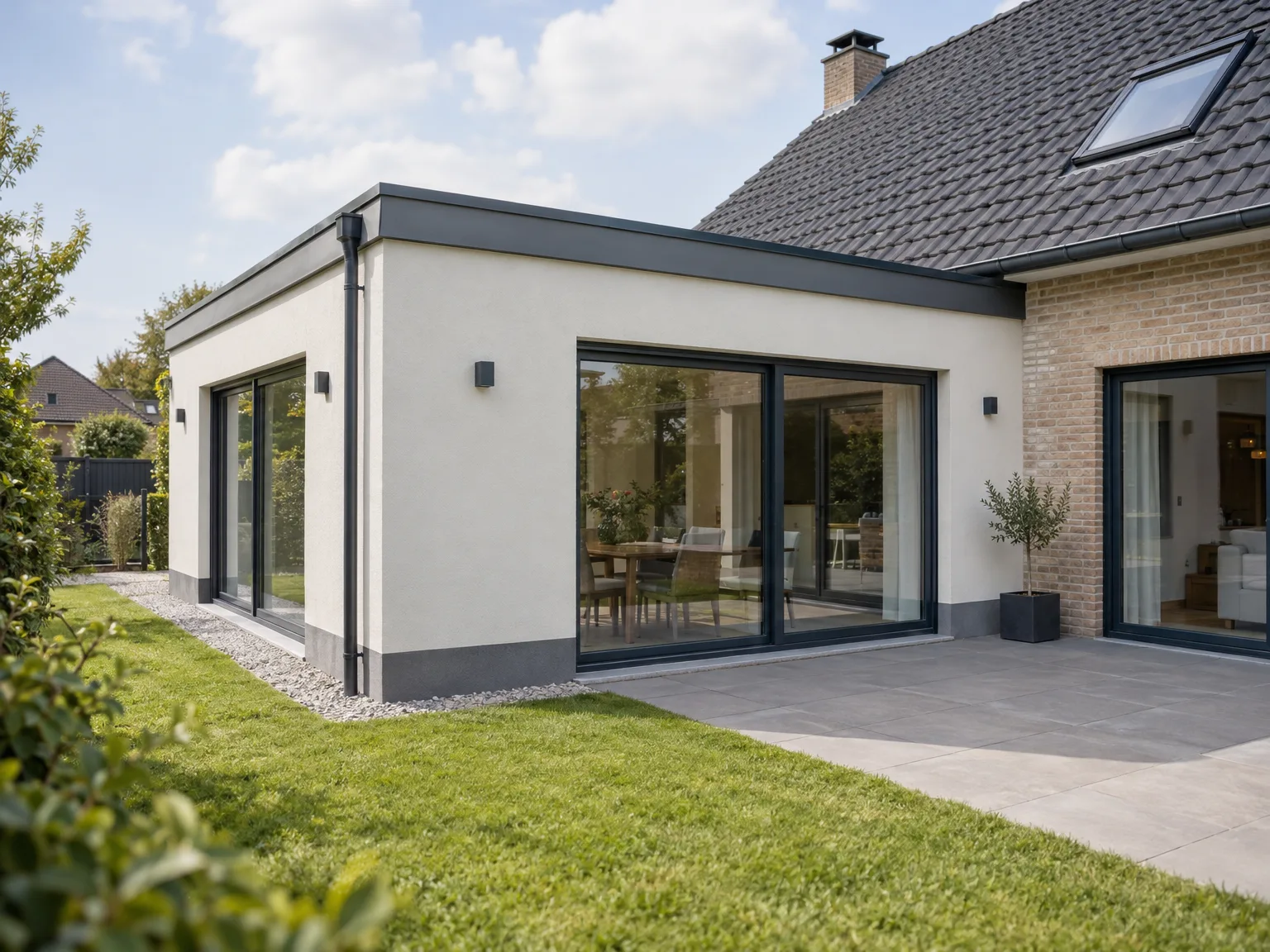 Extension de maison: façade blanche et grandes baies vitrées noires contemporaines