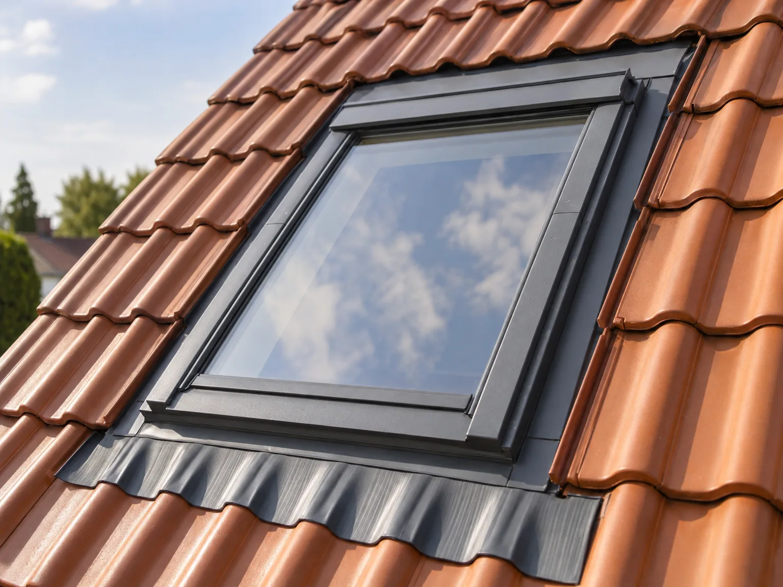 Fenêtre de toit avec cadre noir installée dans une toiture en tuiles terracotta