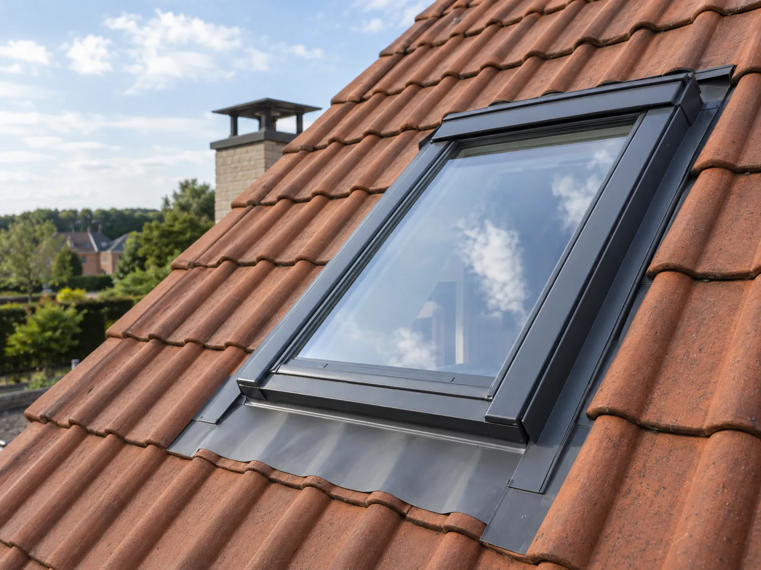 Fenêtre de toit Velux montée sur couverture en tuiles terracotta