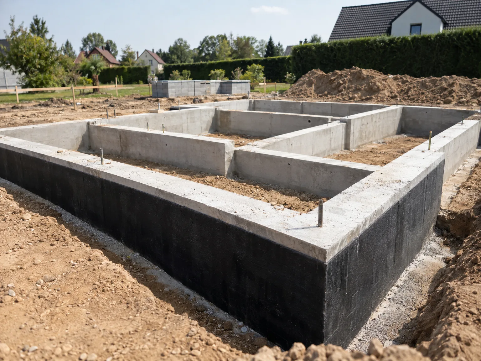 Fondations en béton avec murs porteurs en construction, terrassement et matériaux sur chantier