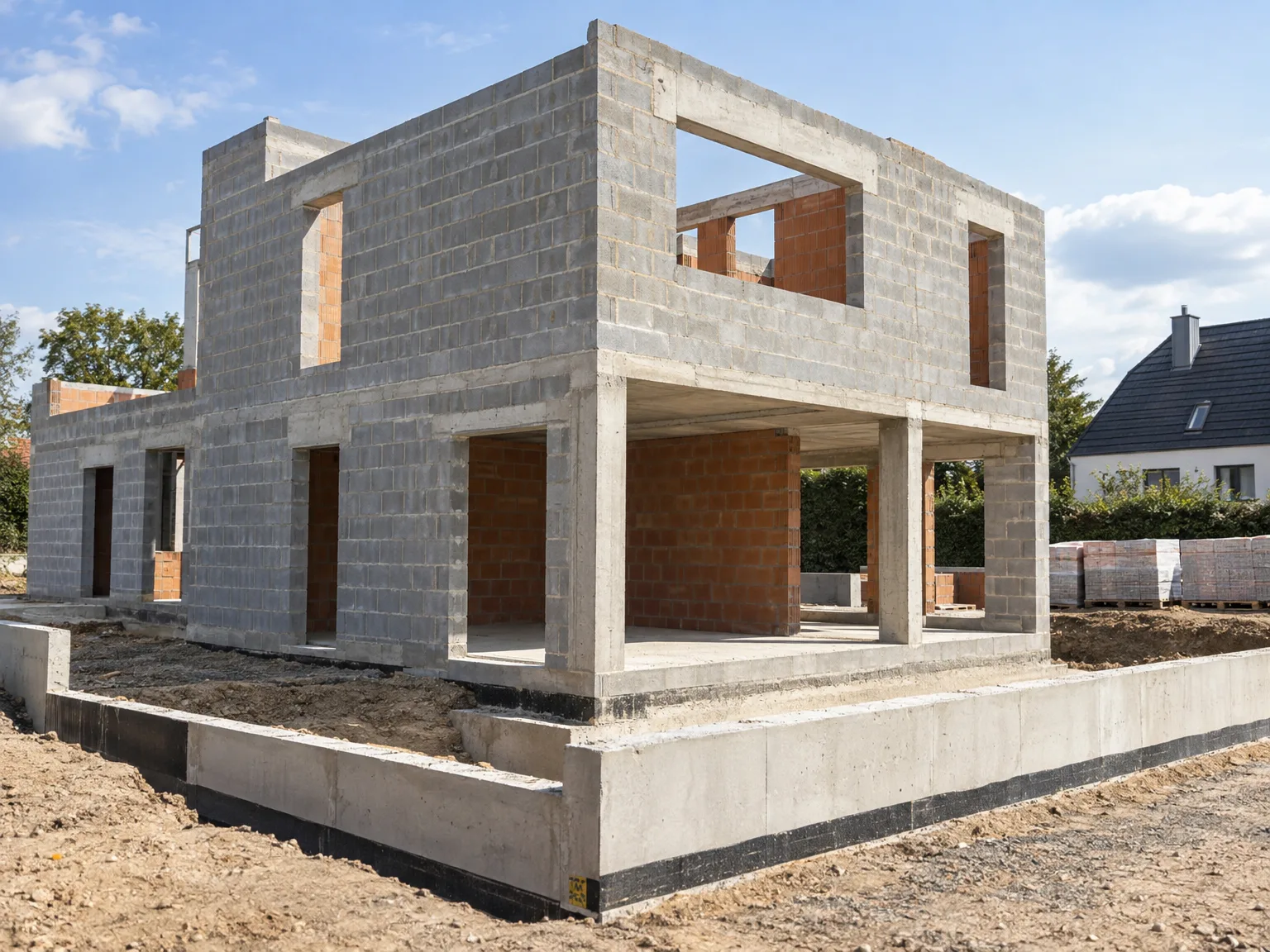 Gros œuvre d'une maison en construction : murs en blocs béton et fondations