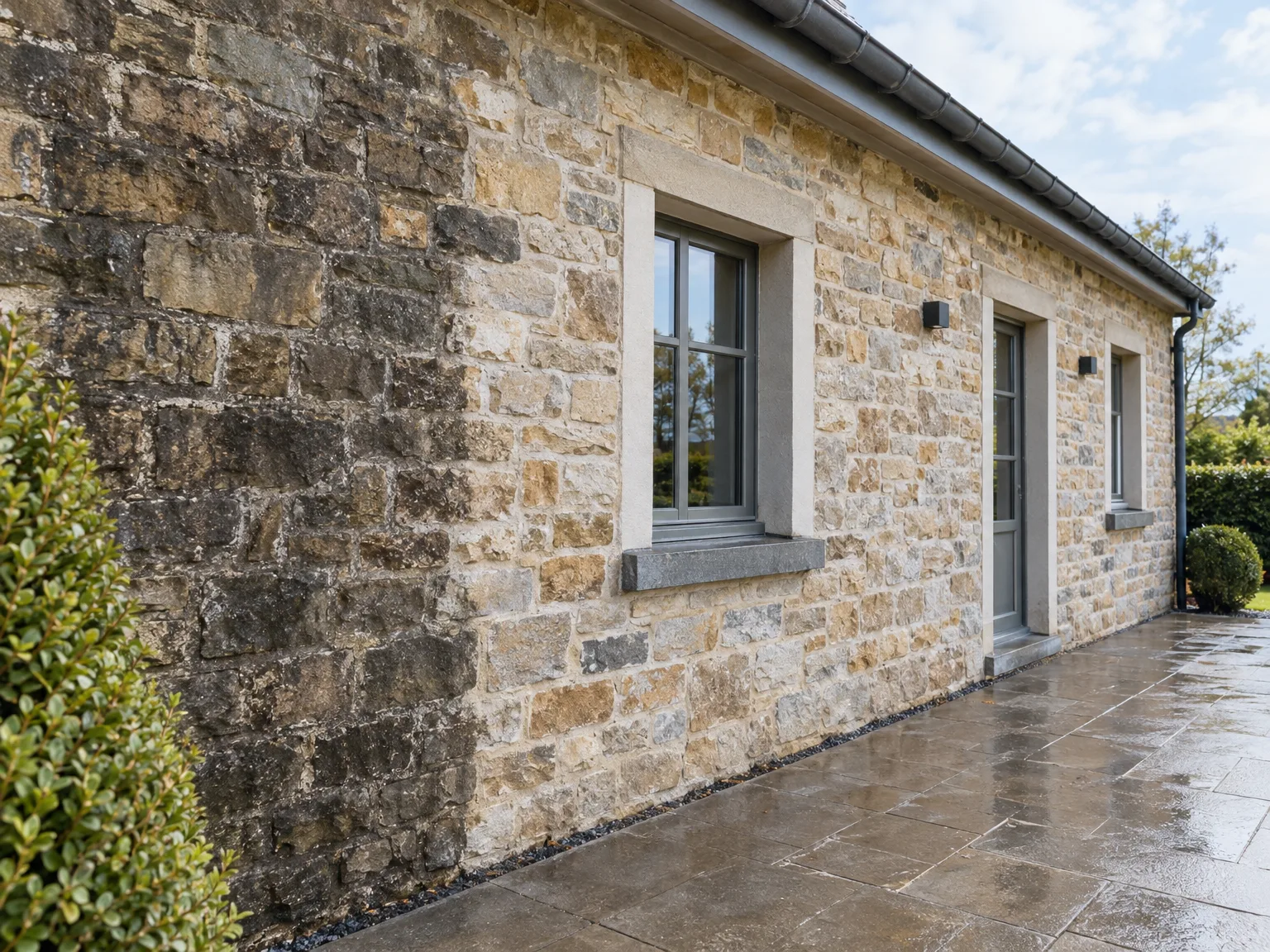 Ravalement de façade en pierre naturelle avec fenêtres modernes