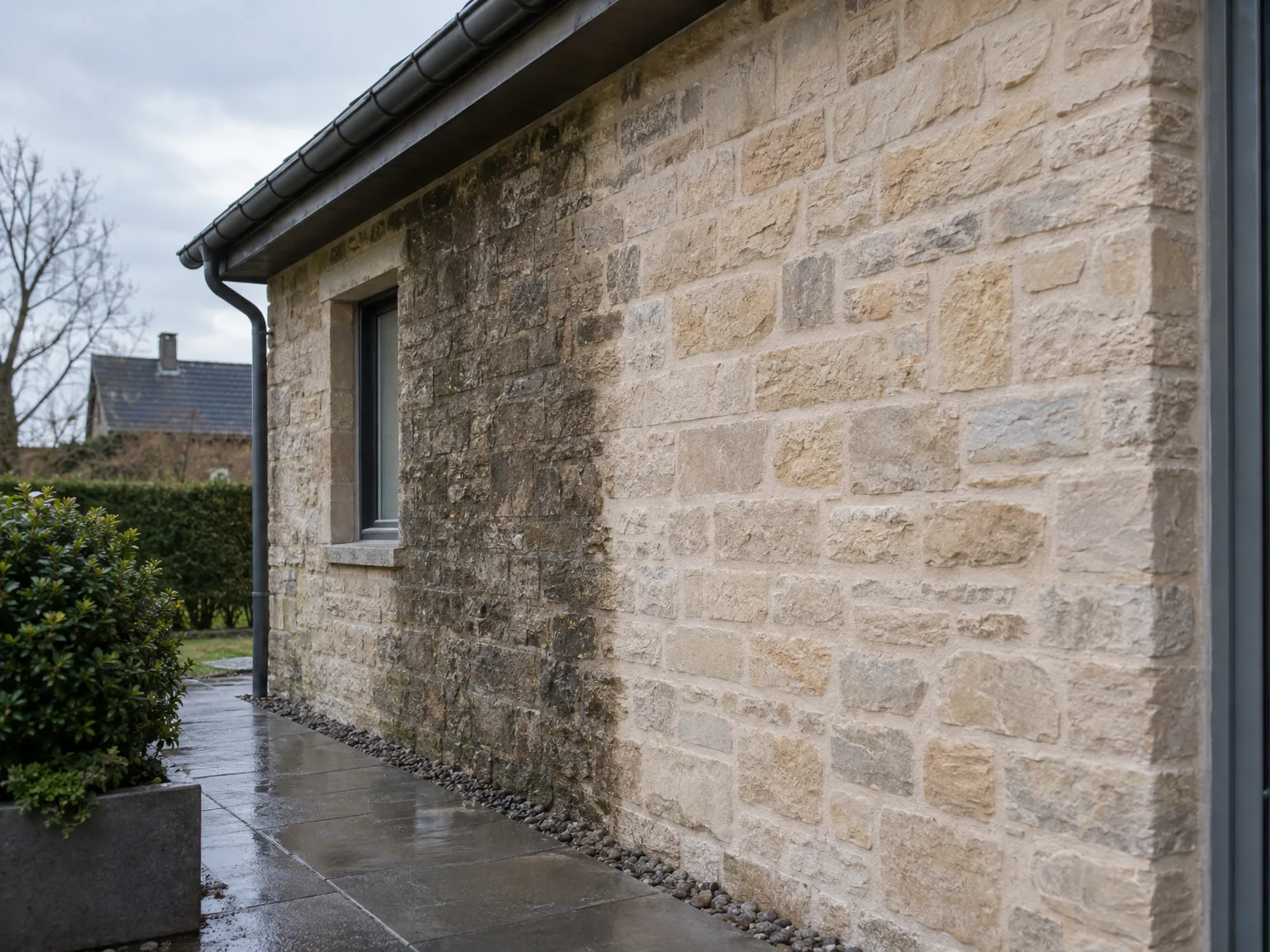 Façade de pierre rénovée avec gouttière métallique noire et fenêtre