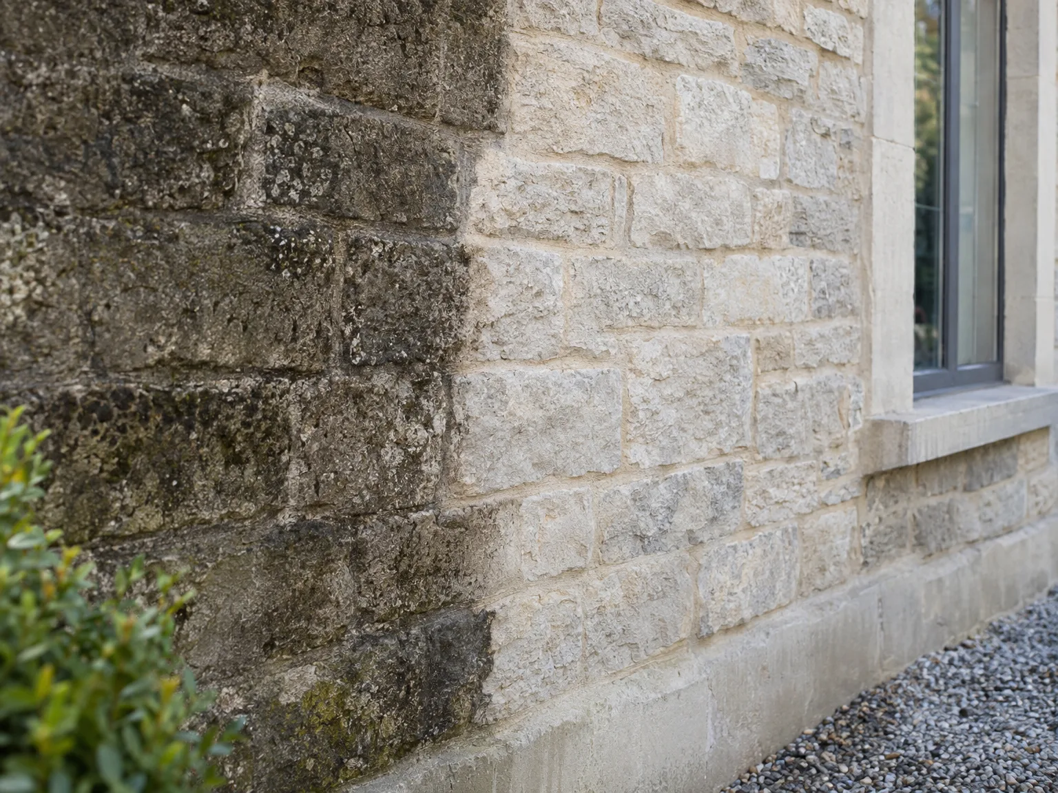 Comparaison avant/après nettoyage de façade en pierre avec élimination des mousses et dépôts