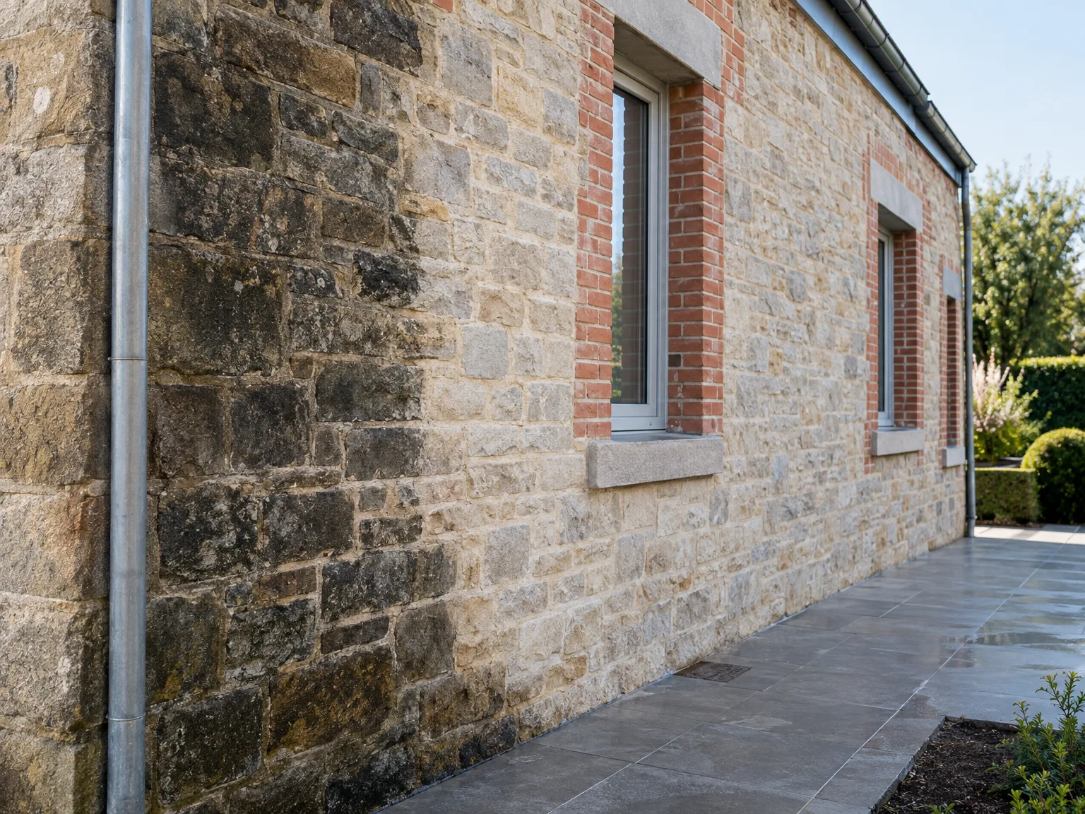 Ravalement de façade en pierre avec nettoyage contrastant et fenêtres blanches