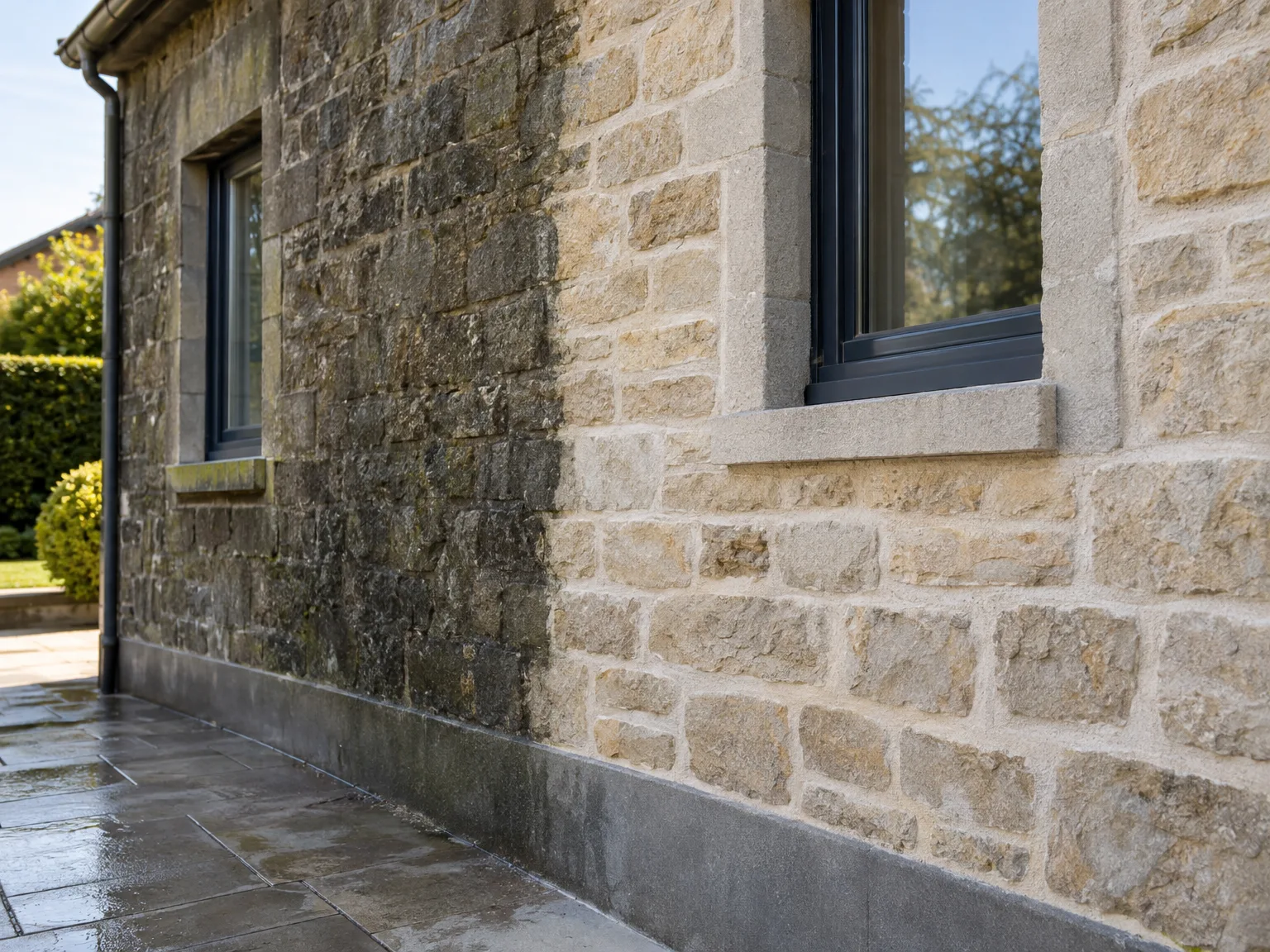 Façade en pierre naturelle après ravalement, avec murs nettoyés et fenêtres modernes