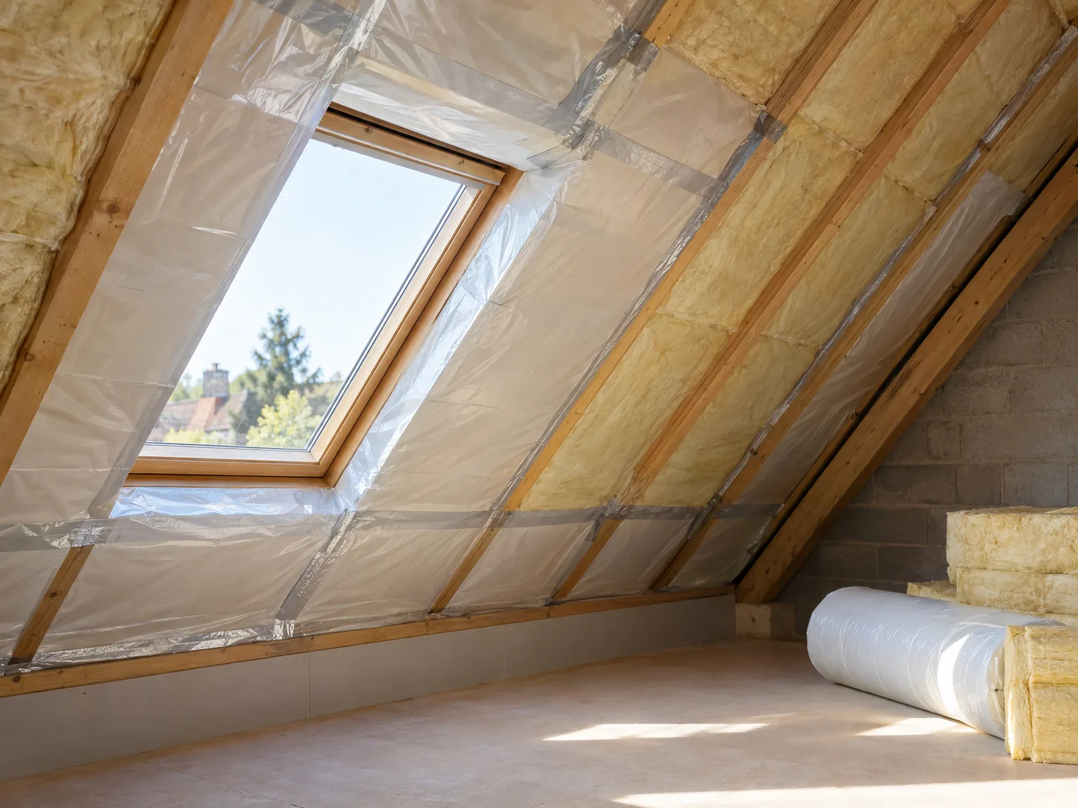 Pose d'isolation thermique dans les combles avec fenêtre de toit