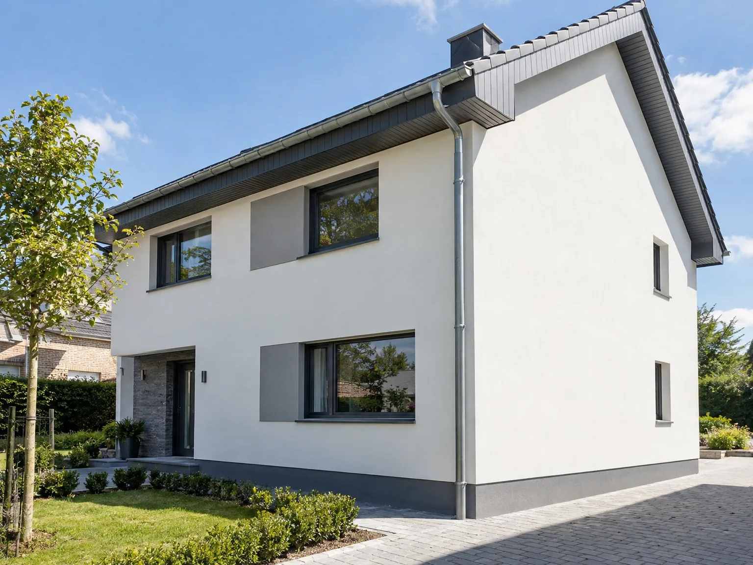 Maison rénovée avec façade blanche, toiture noire, gouttières et aménagement paysager