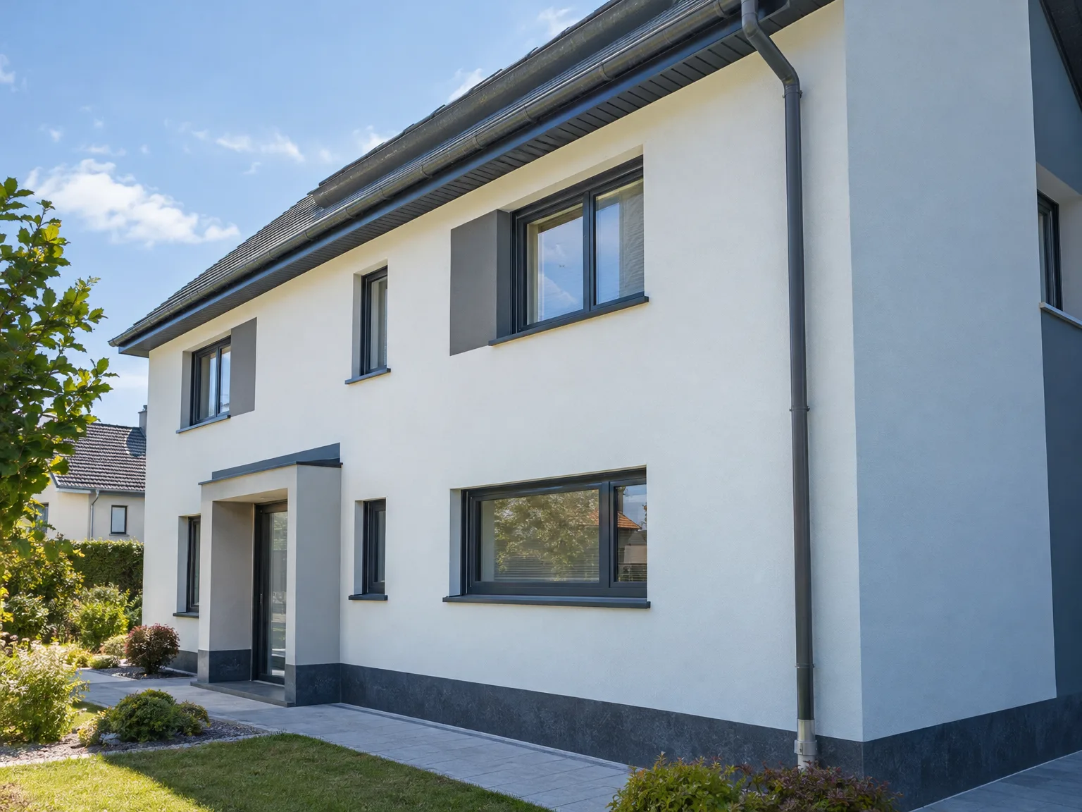 Ravalement de façade d'une maison moderne avec toit rénové et aménagement extérieur