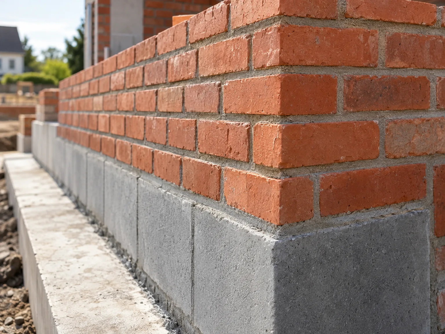 Mur en brique rouge fraîchement maçonné avec fondations en béton, montrant la qualité de la maçonnerie