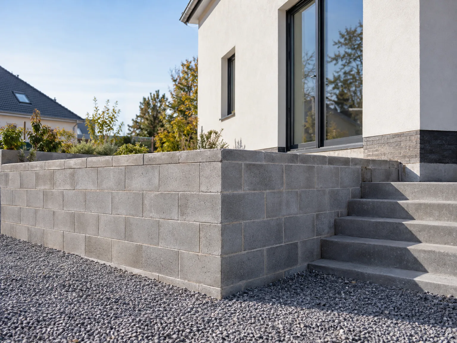 Mur de soutènement en blocs béton et escaliers d'accès pour aménagement extérieur moderne